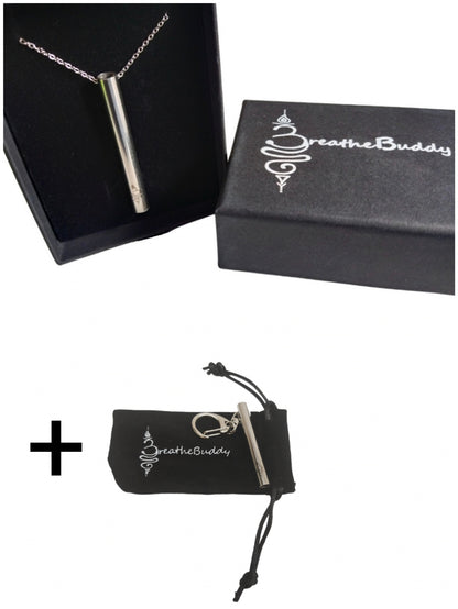 Anxiety Relief - Stainless Steel Breathing Necklace plus Breathwork Keychain - Bundle 2 - BreatheBuddy